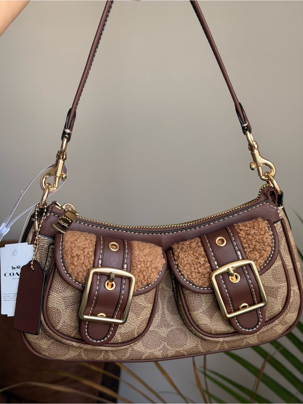 Coach Brown Signature Canvas Shoulder Bag with Shearling-Trim Pockets
